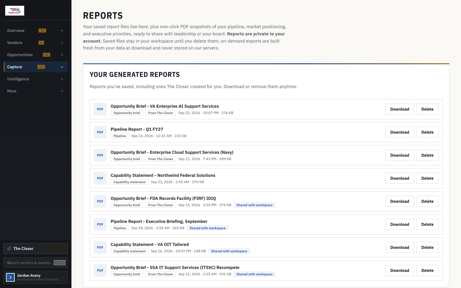 The Reports tab with generated PDF and Word deliverables