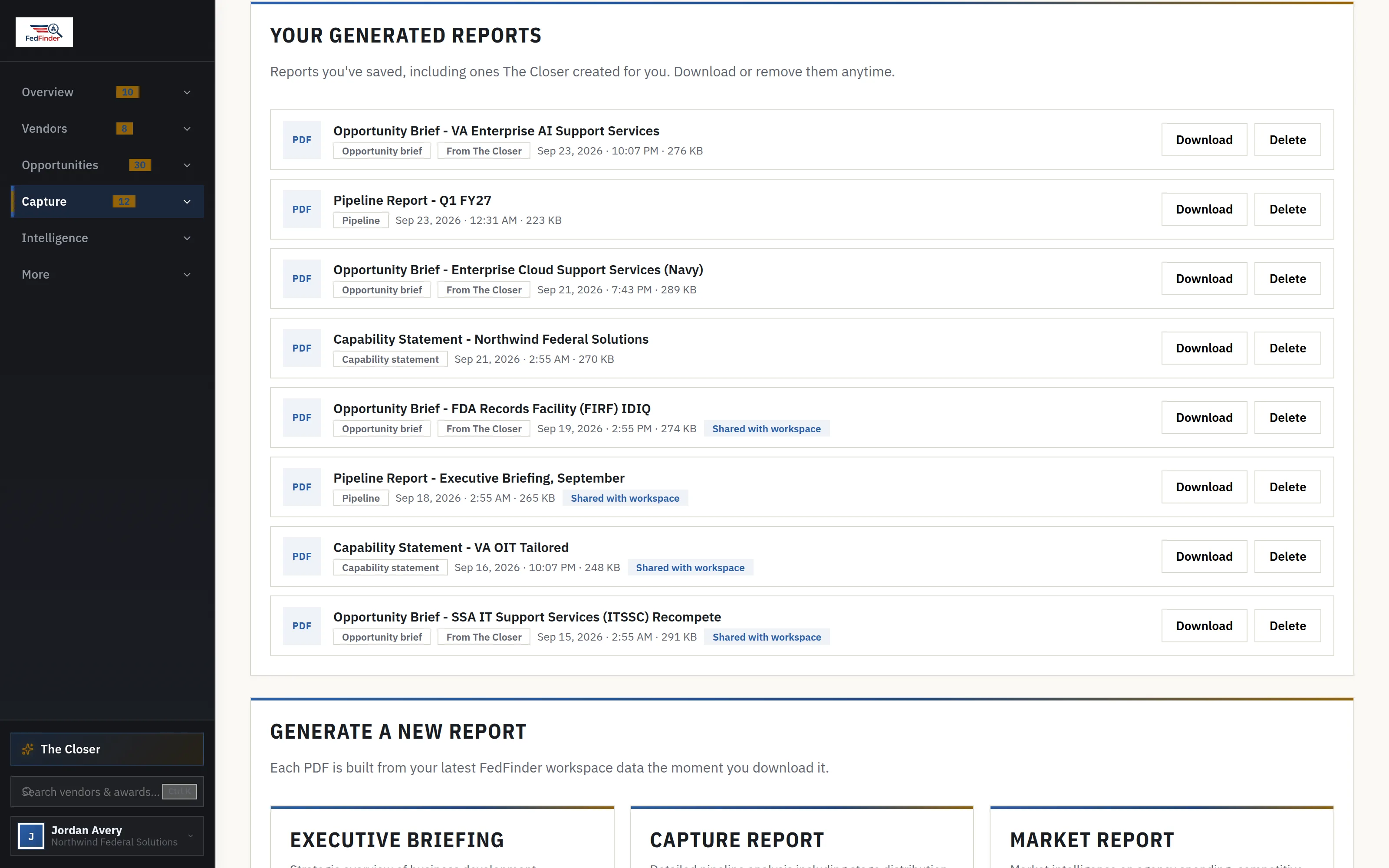 Generated reports, dossiers, and capability statements